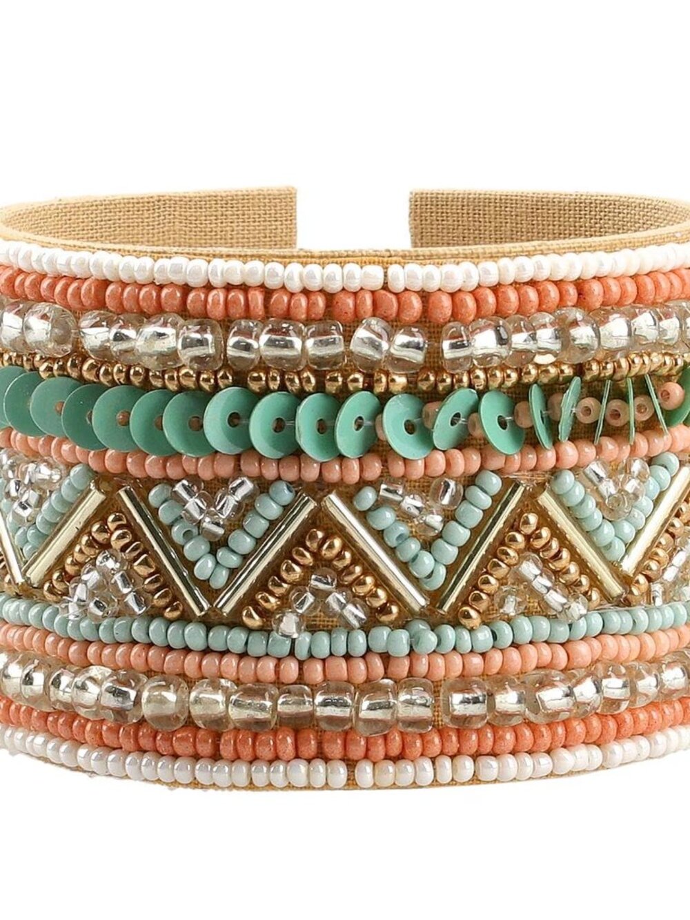 Peach Glass Seed Beaded Chevron Cuff Bracelet in Goldtone - NEW